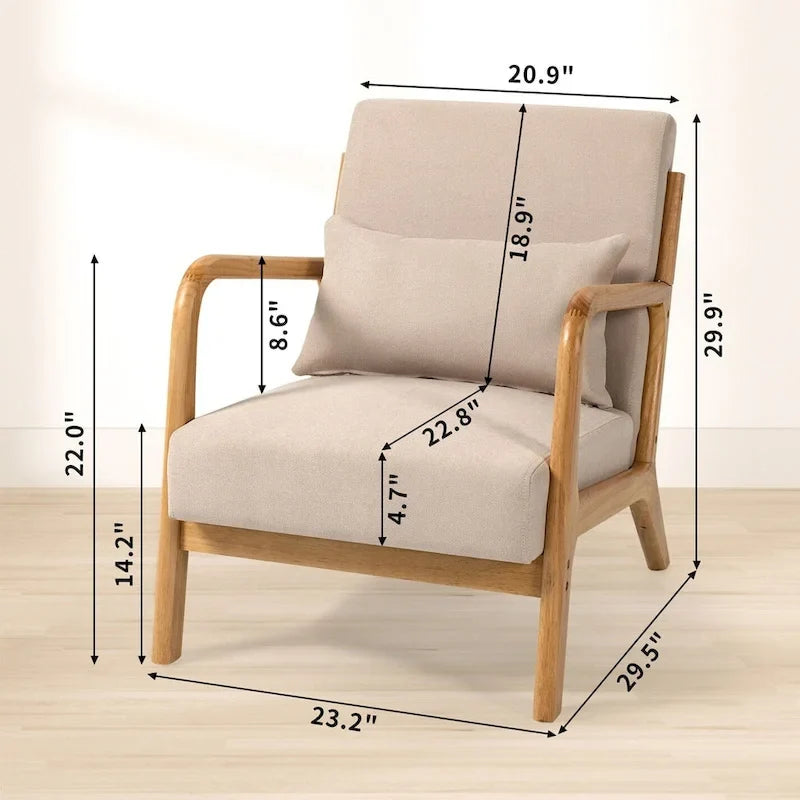 Beige Linen Armchair with Wood Legs - 23.20 x 29.50